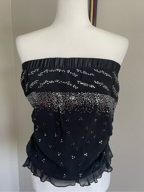Vintage Express Silk Strapless Black Sequin Chiffon Top